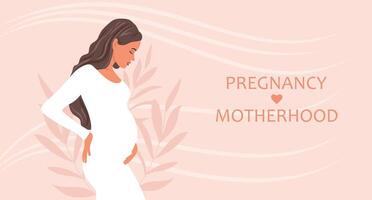 Beautiful pregnant woman, expectant mother hugs her belly with her hands. Banner about pregnancy and motherhood. vector