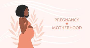 Beautiful pregnant woman, expectant mother hugs her belly with her hands. Banner about pregnancy and motherhood. vector