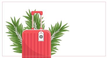 Summer background with red suitcase and palm leaves. Colorful horizontal banner. Vacation concept. vector