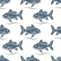 Seamless pattern, silhouettes of sea fish with waves on a white background. Print, textile vector