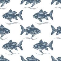 Seamless pattern, silhouettes of sea fish with waves on a white background. Print, textile vector