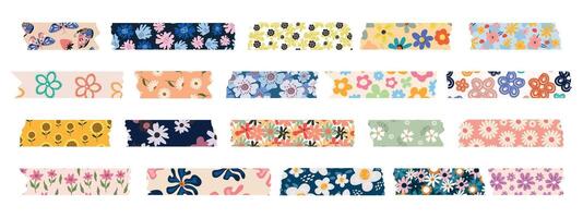 Collection of Washi tapes. Colorful scrapbook strips, sticky labels with flowers. vector