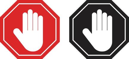Stop hand icon set in black and red . Red forbidding sign with hand . No entry hand sign . illustration vector