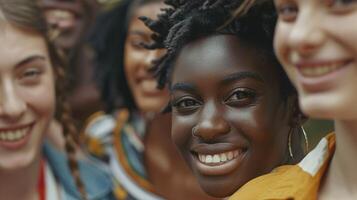 un diverso grupo de joven adultos sonriente mirando foto