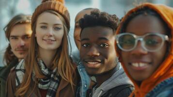 un diverso grupo de joven adultos sonriente mirando foto