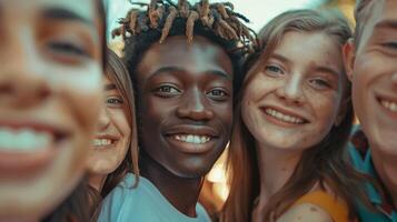 un diverso grupo de joven adultos sonriente mirando foto