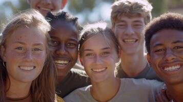 un diverso grupo de joven adultos sonriente mirando foto