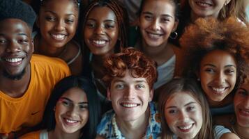 un diverso grupo de joven adultos sonriente mirando foto