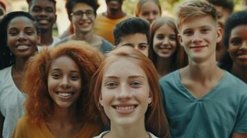 un diverso grupo de joven adultos sonriente mirando foto