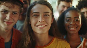 un diverso grupo de joven adultos sonriente mirando foto