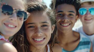 un diverso grupo de joven adultos sonriente mirando foto