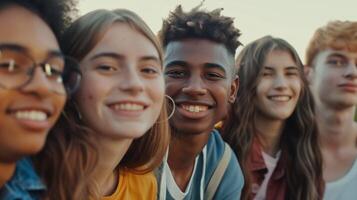 un diverso grupo de joven adultos sonriente mirando foto