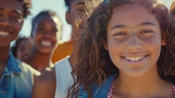 un diverso grupo de joven adultos sonriente mirando foto