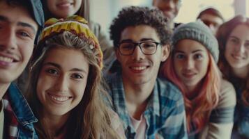 un diverso grupo de joven adultos sonriente mirando foto