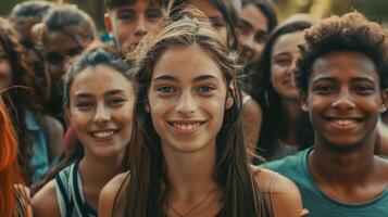 un diverso grupo de joven adultos sonriente mirando foto