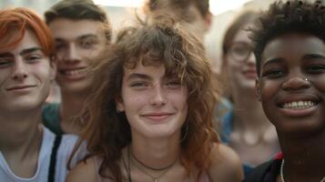 un diverso grupo de joven adultos sonriente mirando foto