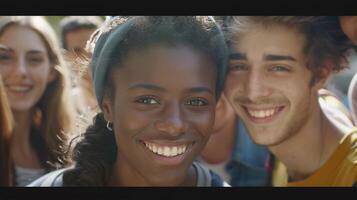 un diverso grupo de joven adultos sonriente mirando foto