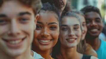 un diverso grupo de joven adultos sonriente mirando foto