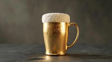 a foamy beer in a gold pint glass photo