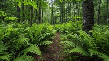 un bosque camino con helechos en el primer plano foto