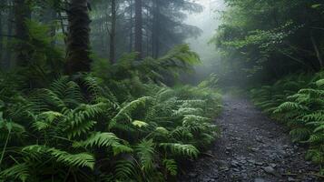 a forest path with ferns in the foreground photo