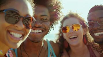 un grupo de amigos sonriente mirando a cámara foto