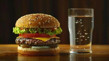 un hamburguesa con un vaso de agua en el lado foto