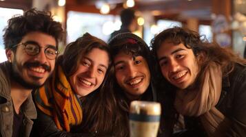 un grupo de amigos sonriente mirando a cámara foto