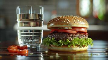 a hamburger with a glass of water on the side photo