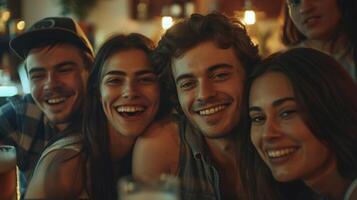 un grupo de amigos sonriente mirando a cámara foto