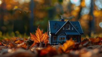 un casa con un hoja ese tiene el palabra otoño en eso foto