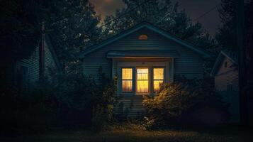 a house with a lit up window and a dark background photo