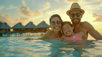 un contento familia disfrutando vacaciones sonriente foto