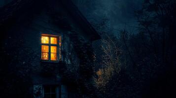 a house with a lit up window and a dark background photo