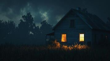 a house with a lit up window and a dark background photo