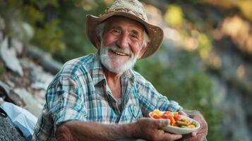 a joyful senior man enjoying retirement sitting photo