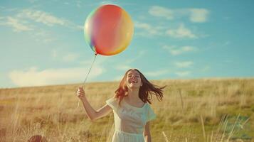 a joyful young woman holds a colorful balloon photo