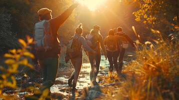 a joyful group of people exploring nature photo