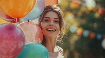 a joyful young woman holds a colorful balloon photo