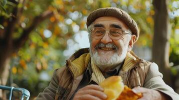 a joyful senior man enjoying retirement sitting photo