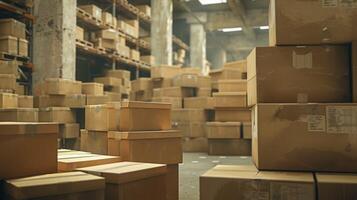 a large stack of cardboard boxes inside warehouse photo