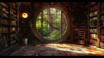 a library with a round window and a bookcase photo