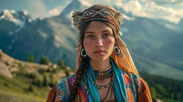 un majestuoso mujer en tradicional ropa foto