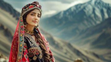 un majestuoso mujer en tradicional ropa foto