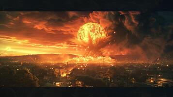 a modern nuclear bomb explosion over a small city photo