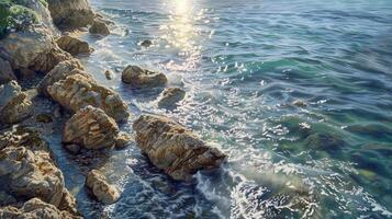 a painting of a rocky shore with rocks photo