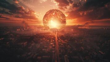 a modern nuclear bomb explosion over a small city photo