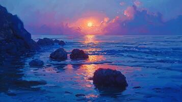 a painting of rocks in the ocean with the sun photo