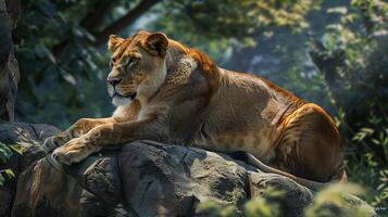 a painting of a lioness on a rock photo