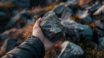 a person holding a rock detailed high quality photo